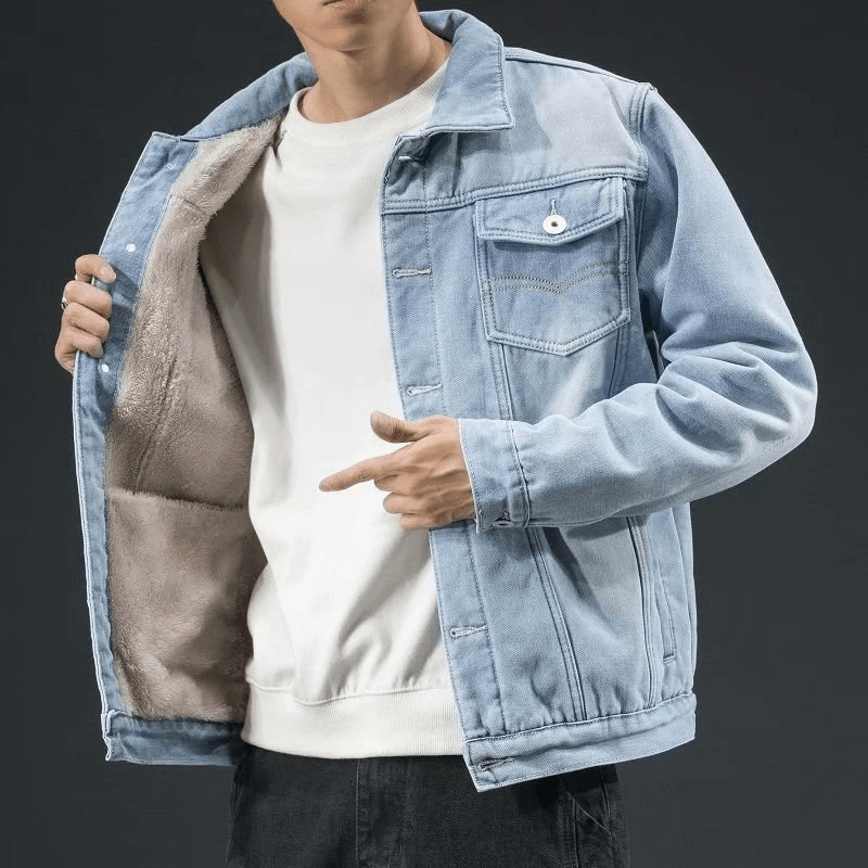 Jaqueta Jeans Masculina Térmica de Tecido Francês Forrado Acolchoado Interno